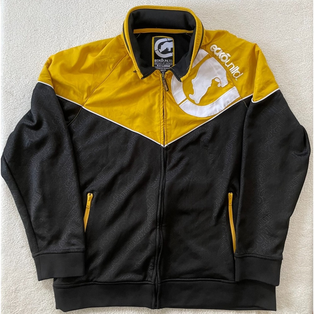 Ecko Unltd Mens Size XXL Track Jacket Black‎ Yellow Embroidered Rhino Streetwear